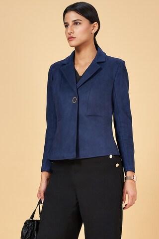 navy solid formal full sleeves notch collar women regular fit  jacket