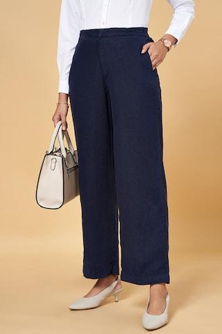 navy solid full length high rise formal women regular fit trousers