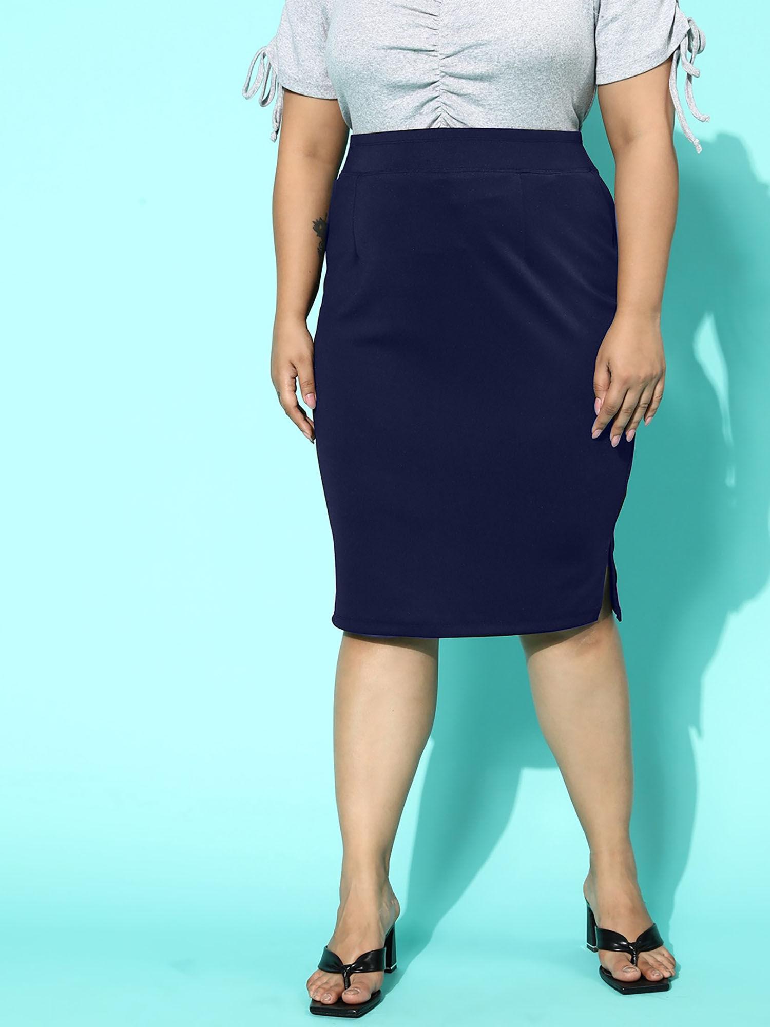 navy solid knee length plus size side slit women pencil skirt