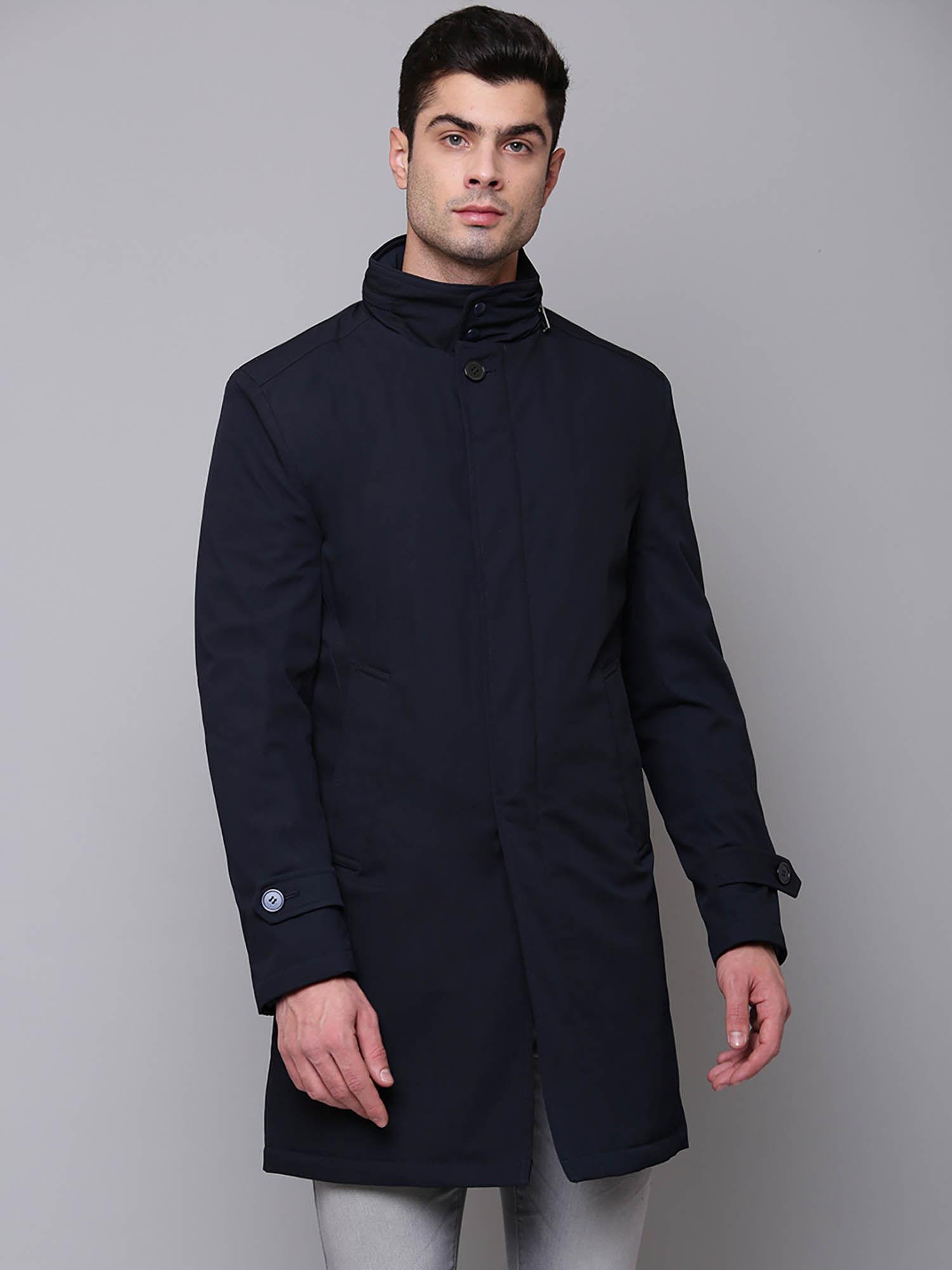 navy solid notched lapel coat