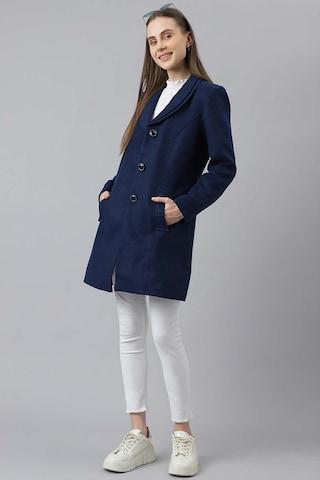 navy solid polyester v neck women regular fit coats