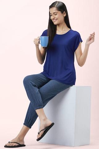 navy solid sleepwear short sleeves round neck women comfort fit top