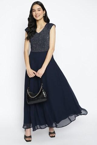 navy solid v neck casual maxi sleeveless women regular fit dress