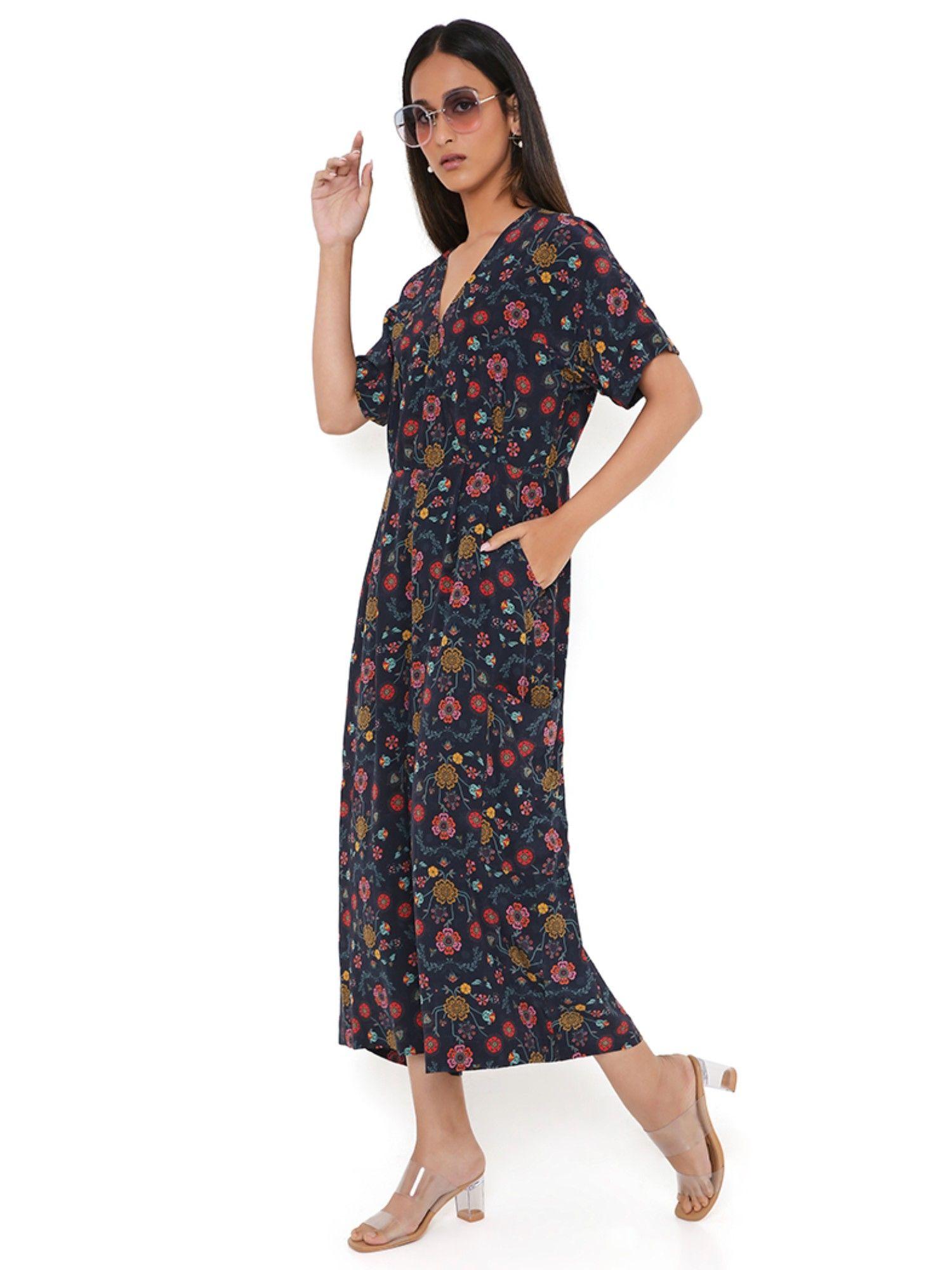 navy spring print crepe jumpsuit