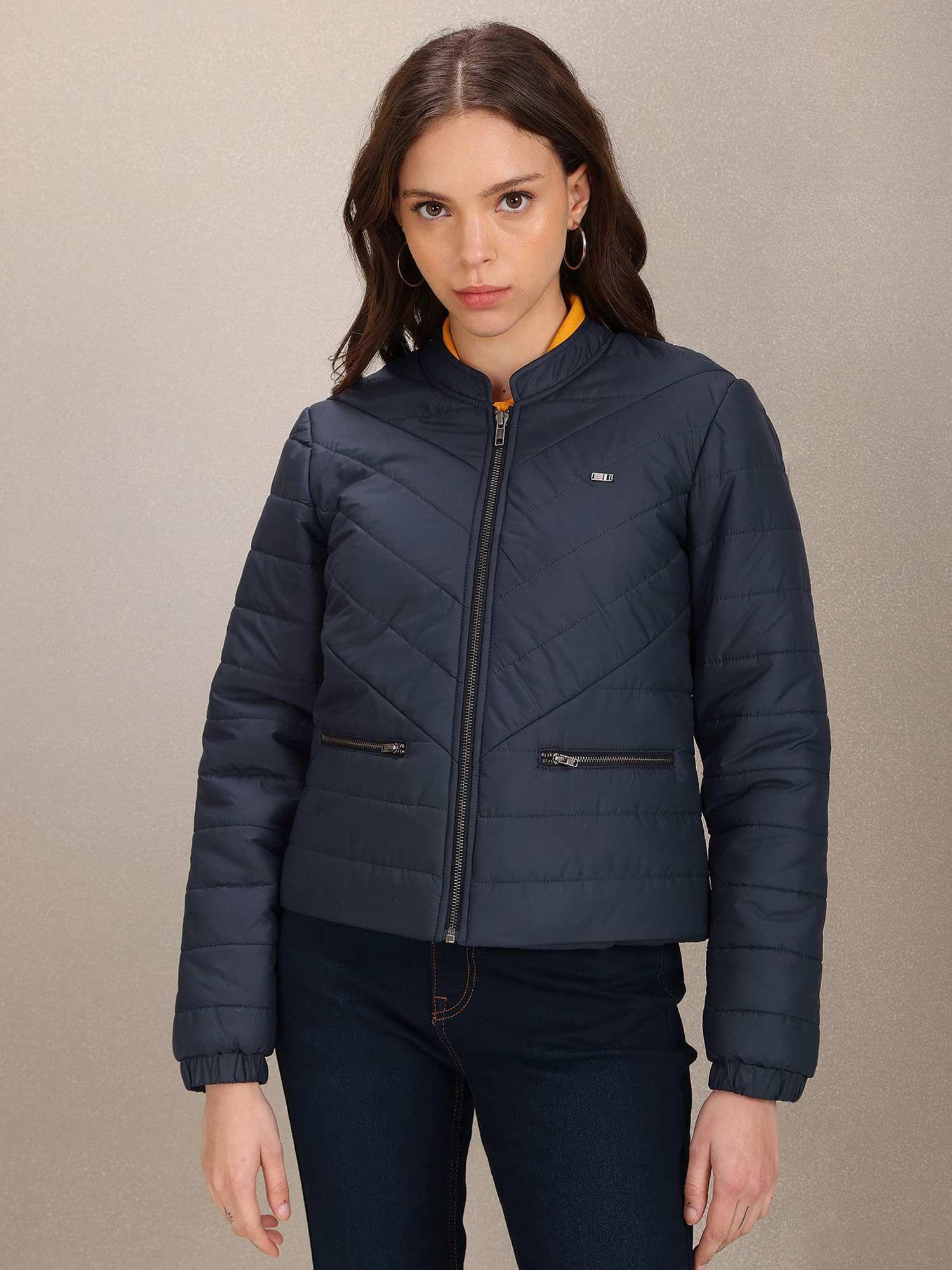 navy stand mandarin collar padded jacket