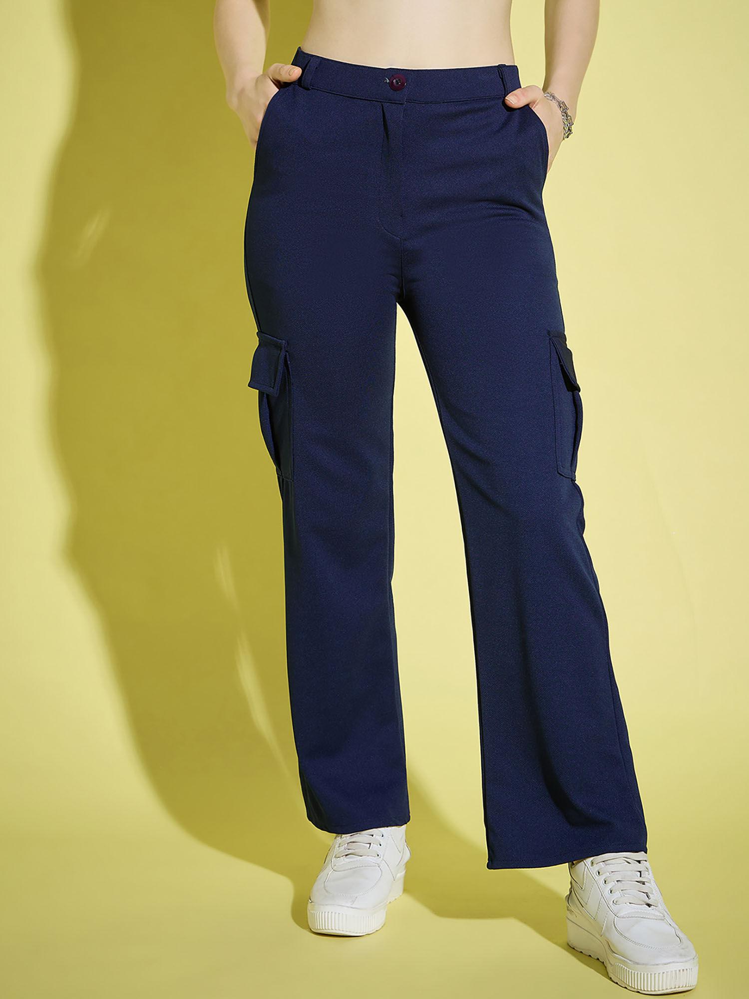 navy straight fit full length solid cargo pant