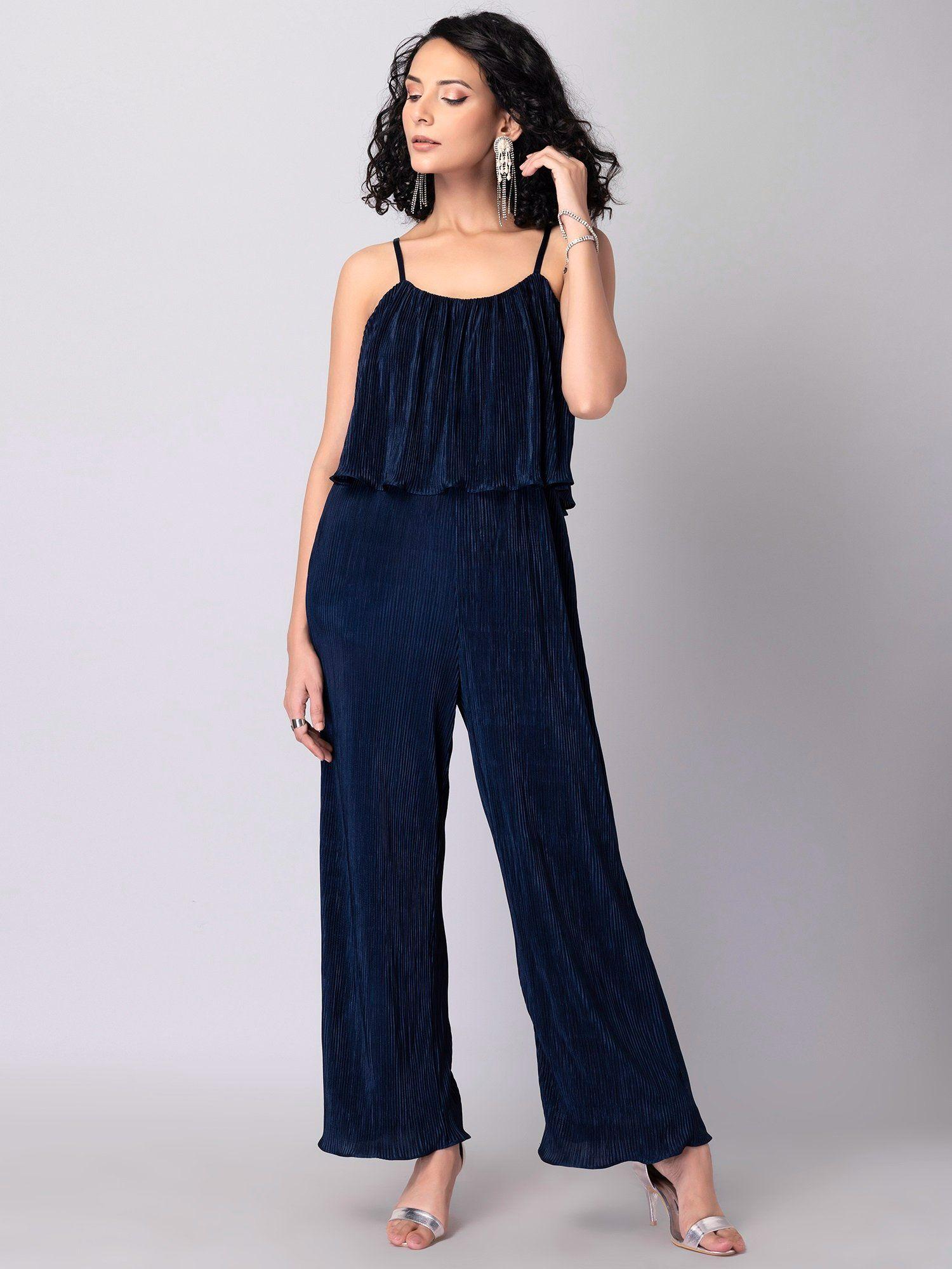 navy strappy pleated jumpsuit