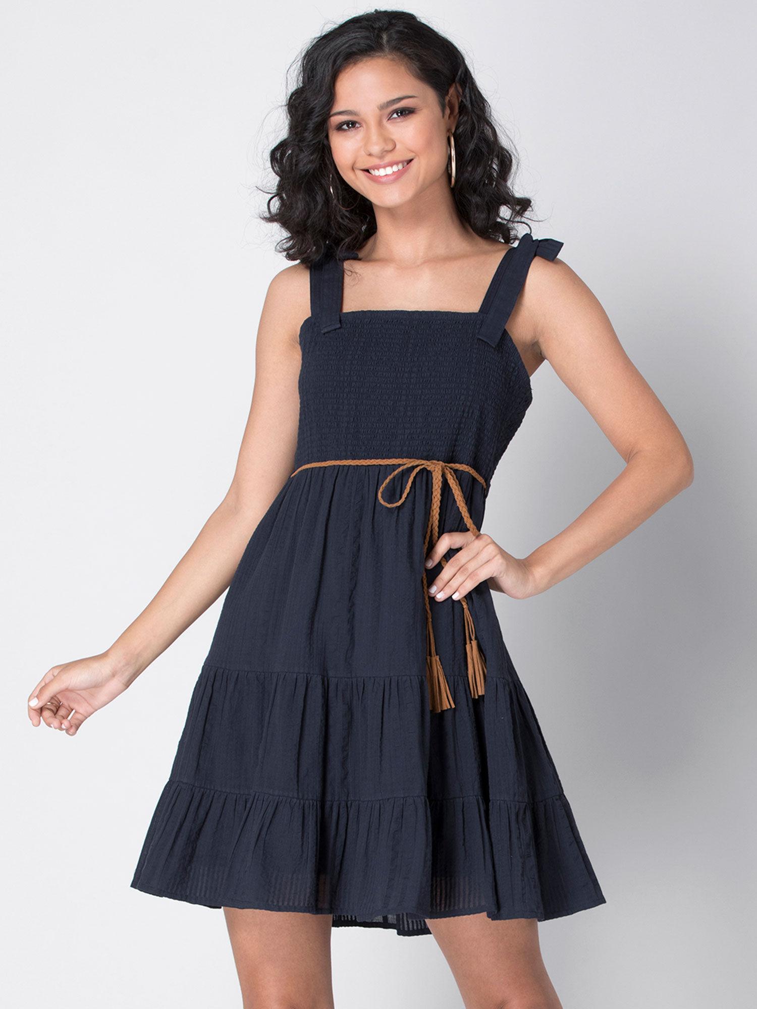 navy strappy tiered skater dress with tan braided belt