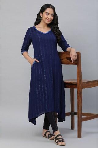 navy stripe calf-length ethnic women regular fit kurta