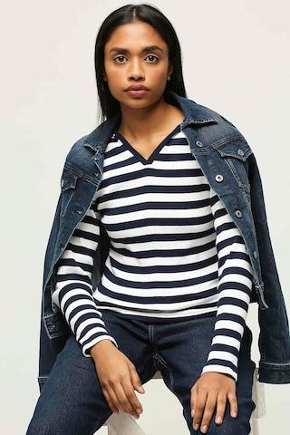 navy stripe casual full sleeves v neck women slim fit t-shirt