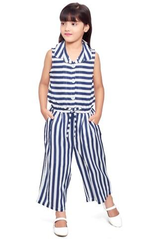 navy stripe casual sleeveless regular collar girls regular fit jumpsuit