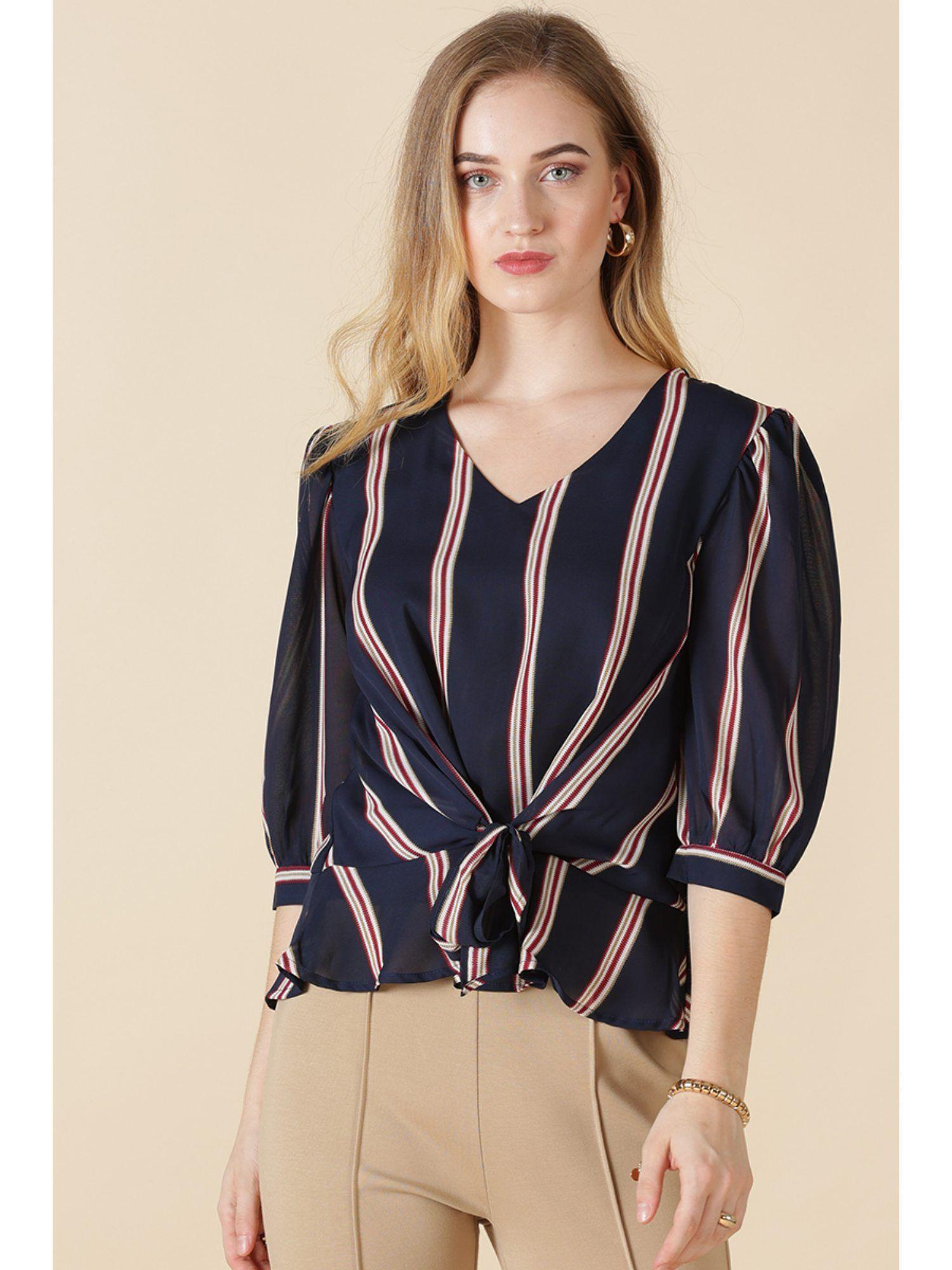 navy stripe print georgette top