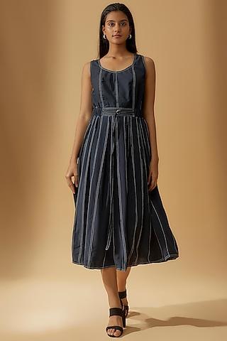 navy terry rayon & silk crepe pleated dress