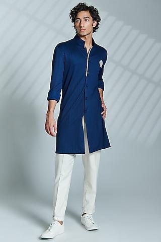 navy terylene & faux leather kurta