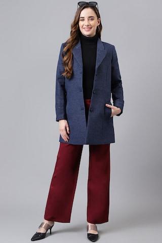 navy textured casual full sleeves notch lapel women classic fit jacket