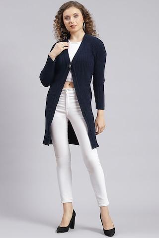 navy textured casual full sleeves v neck women regular fit cardigan