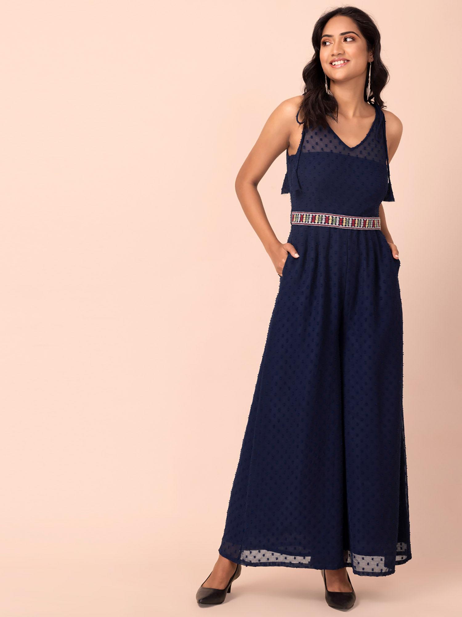 navy tie-shoulder belted jumpsuit