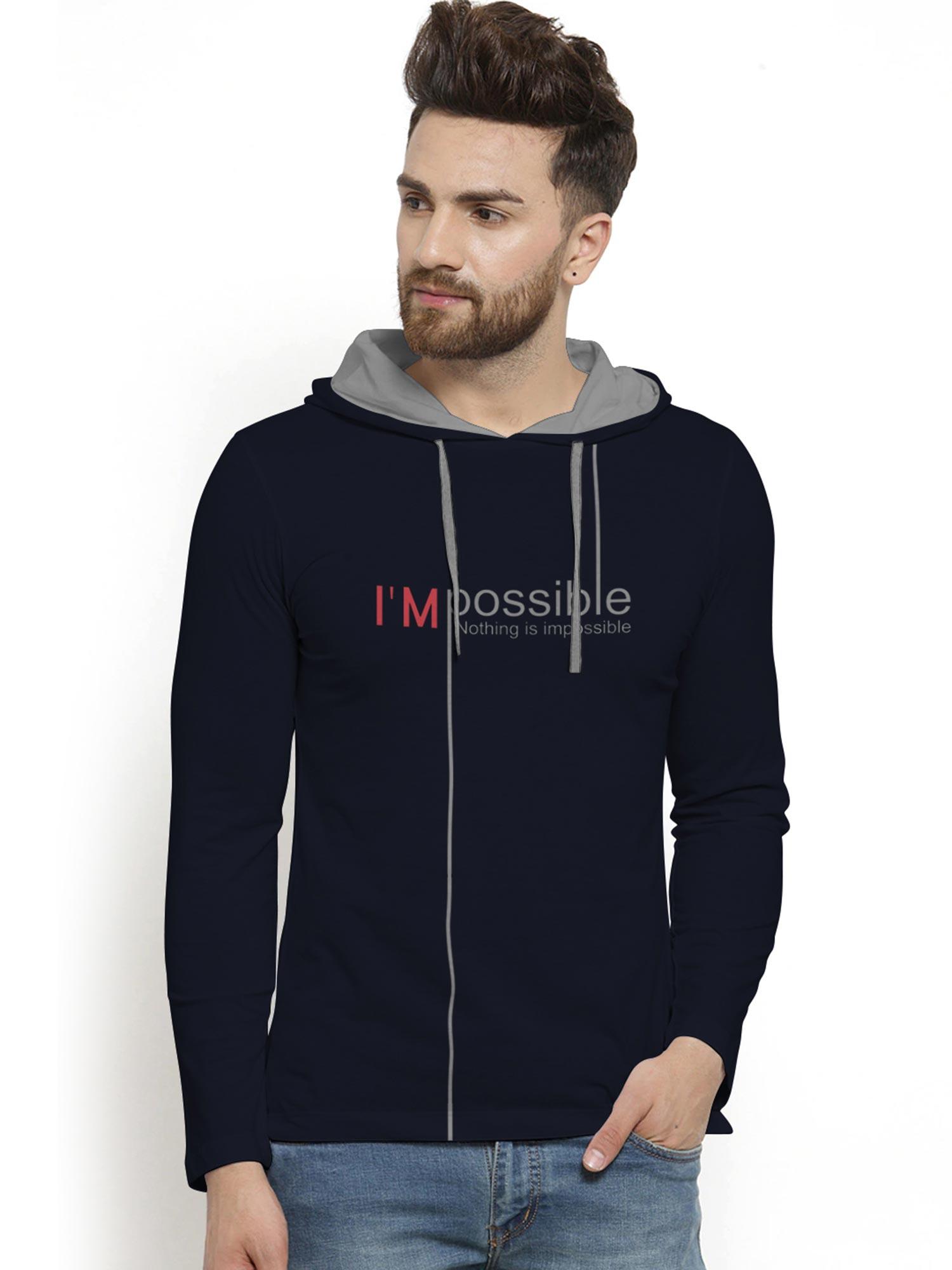 navy trendy printed hooded t-shirt for men