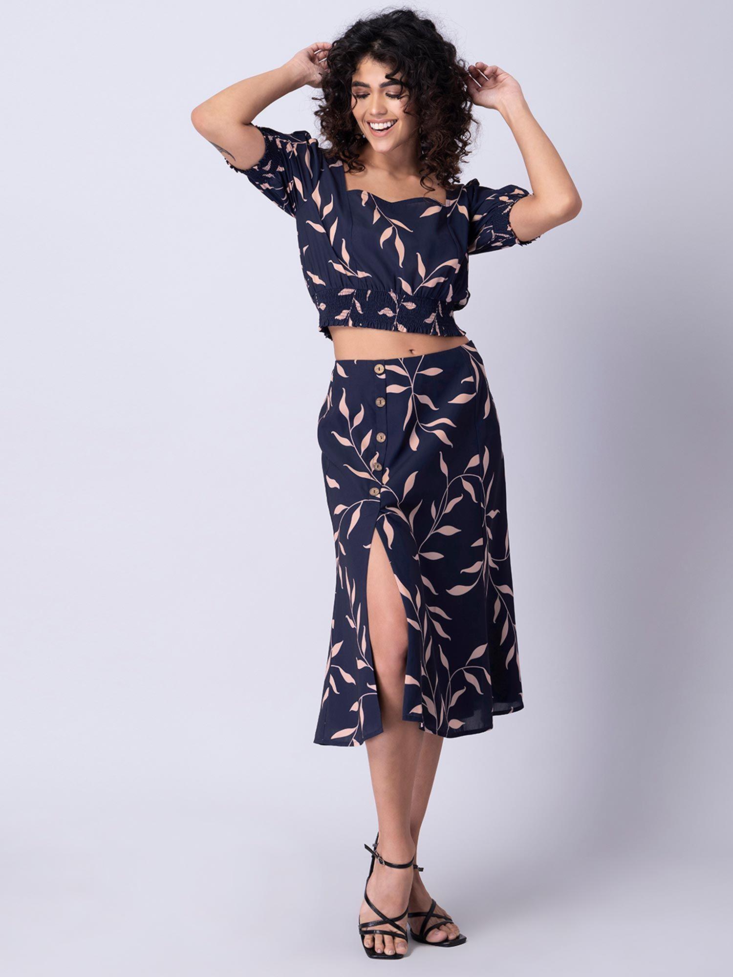 navy tropical smocked waist crop top and midi skirt (set of 2)