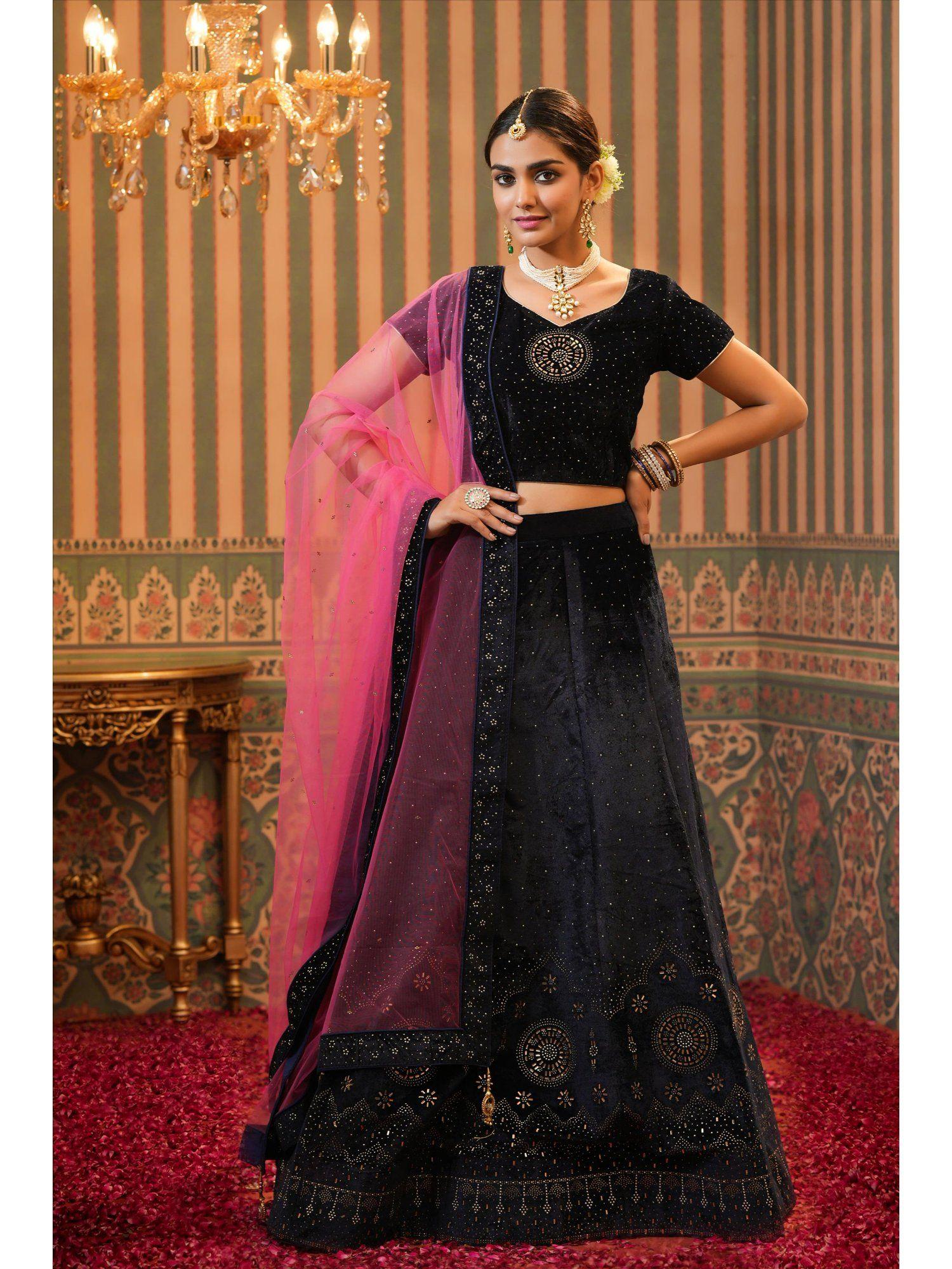 navy velvet embellished lehenga choli dupatta (set of 3)