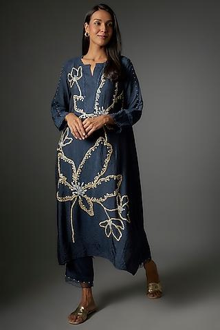 navy viscose silk hand embroidered kurta set