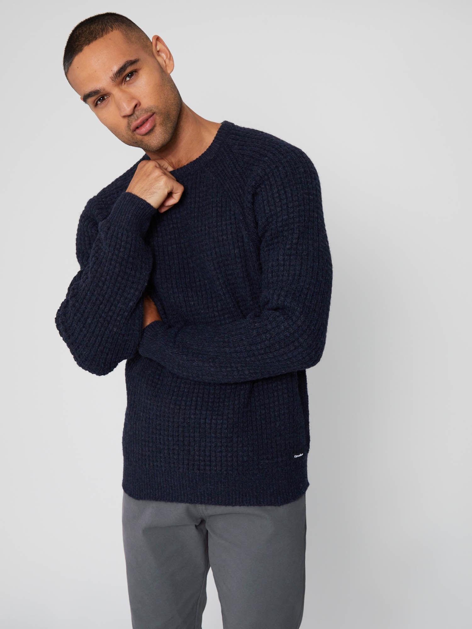 navy waffle knit raglan crew neck jumper