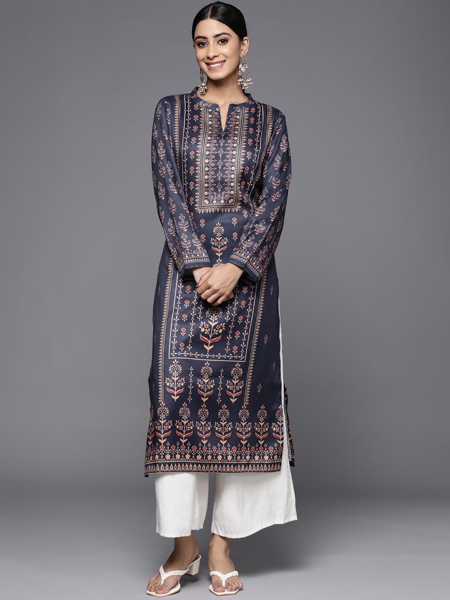 navy winter kurta with mandarin collar