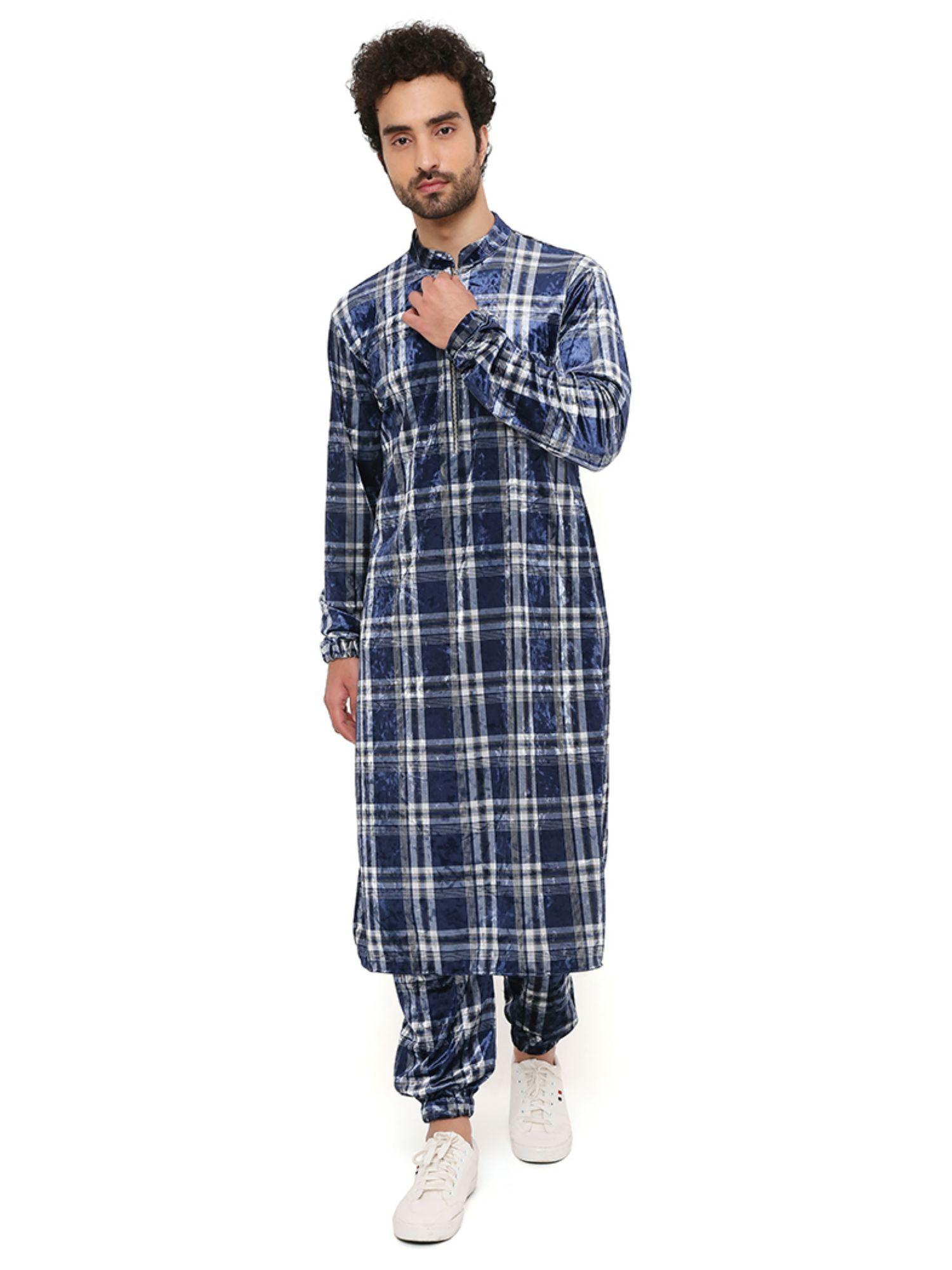 navy with white checks velvet bomber kurta with jogger pant (set of 2)