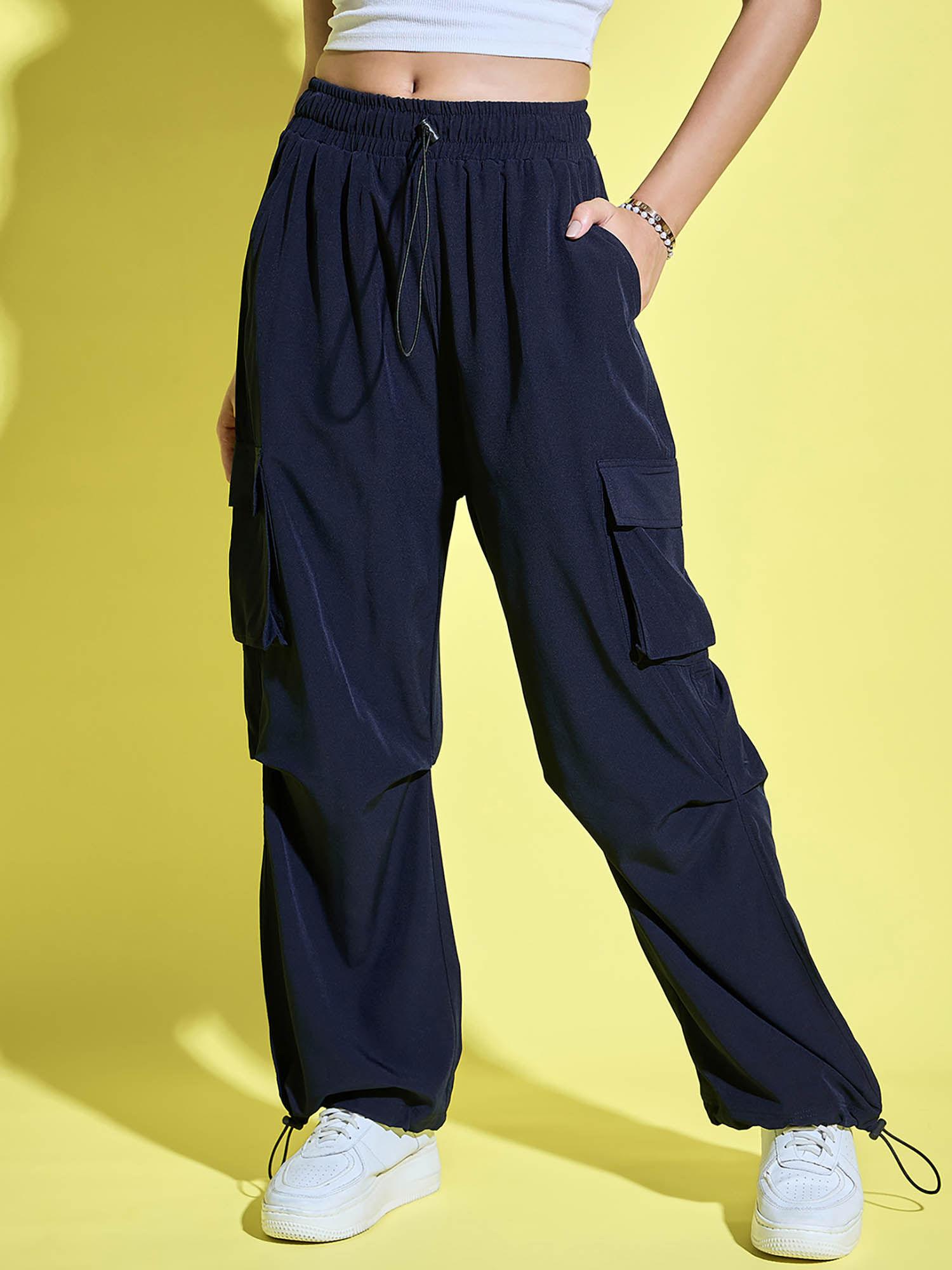 navy women loose fit parachute high waist cargo pant