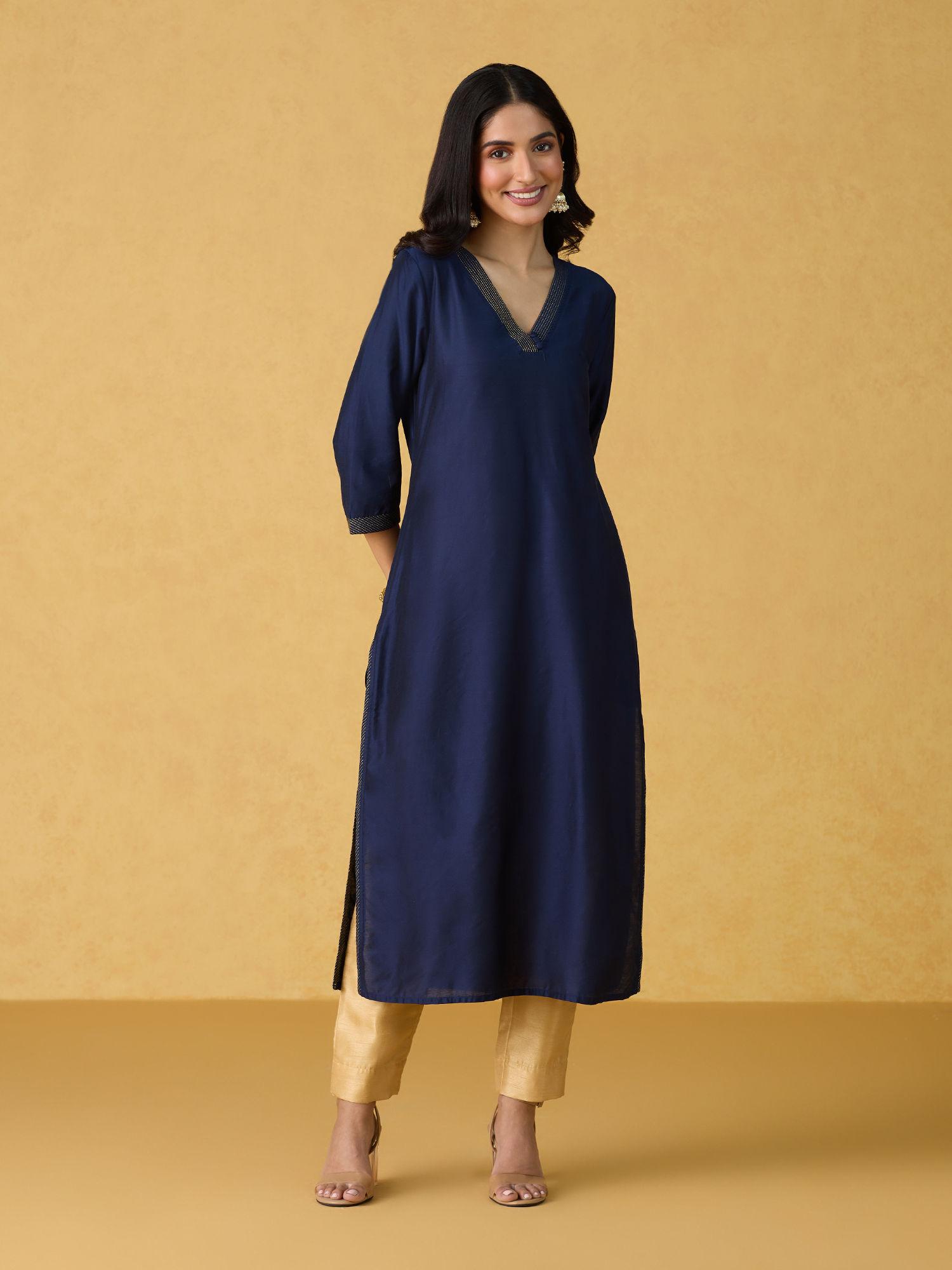 navy zari thread work straight kurta likkur78