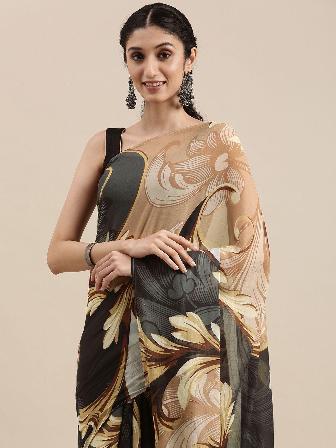 navyasa black & beige ethnic motifs saree