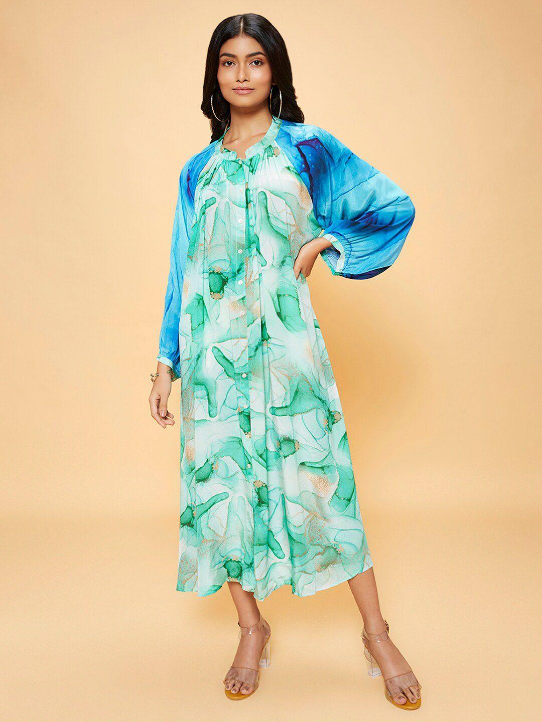 navyasa by liva abstract printed puff sleeves liva a-line midi dress