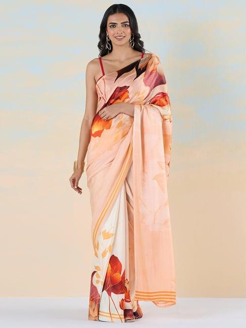 navyasa by liva beige & orange floral print saree with unstitched blouse