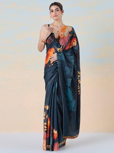 navyasa by liva navy & orange floral print saree with unstitched blouse