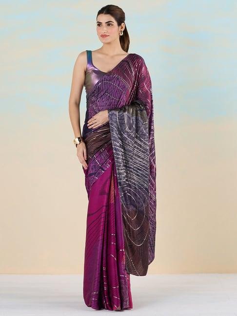 navyasa by liva plum & grey printed saree with unstitched blouse