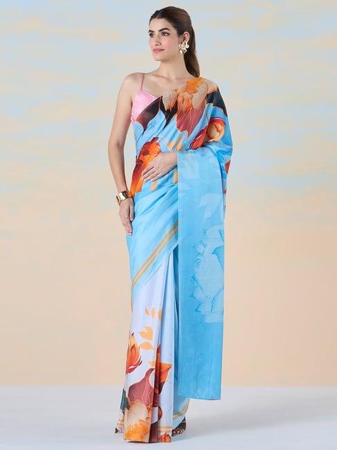 navyasa by liva sky blue & orange floral print saree with unstitched blouse