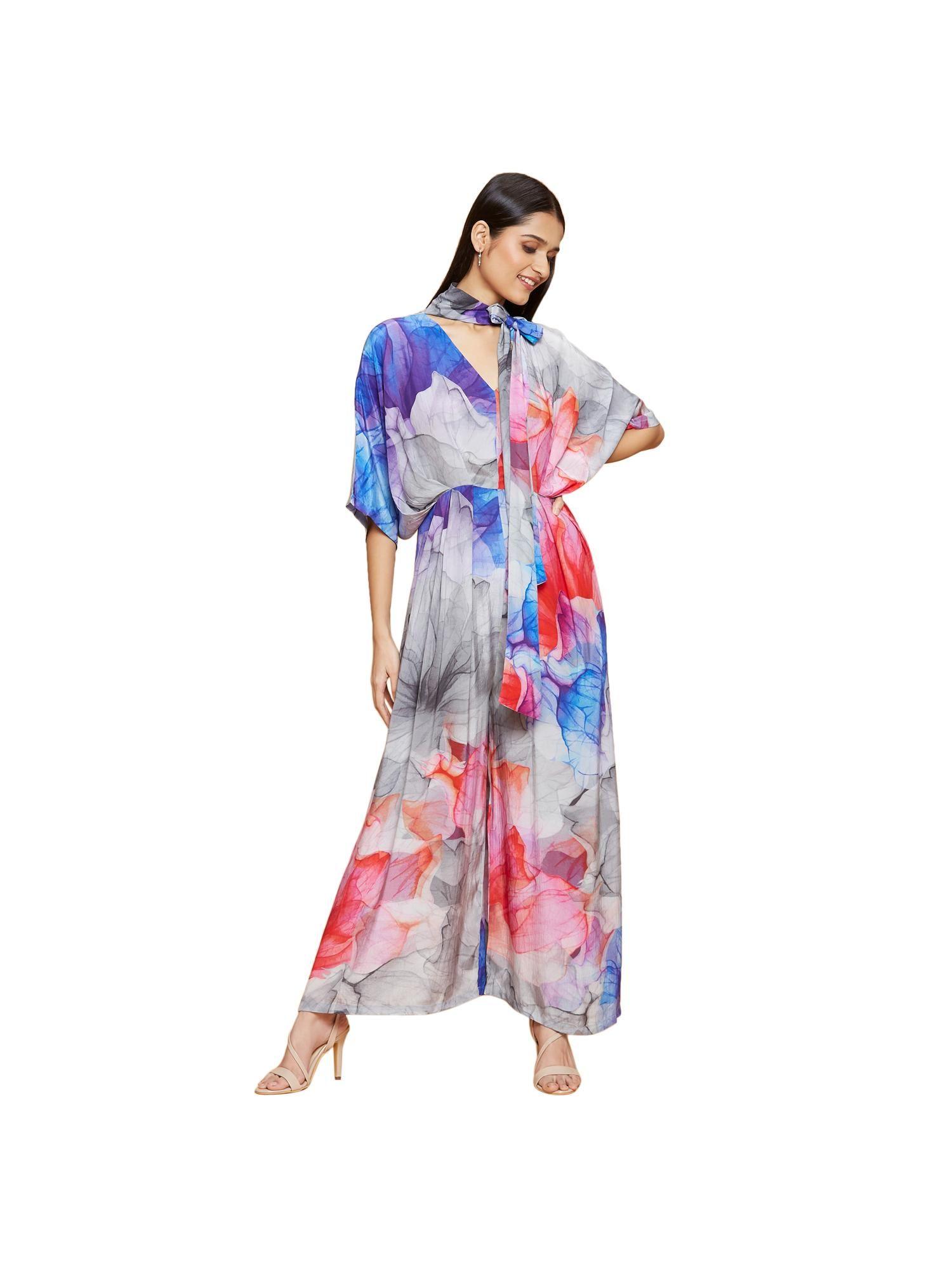 navyasa multi-color liva crepe floral print jumpsuit