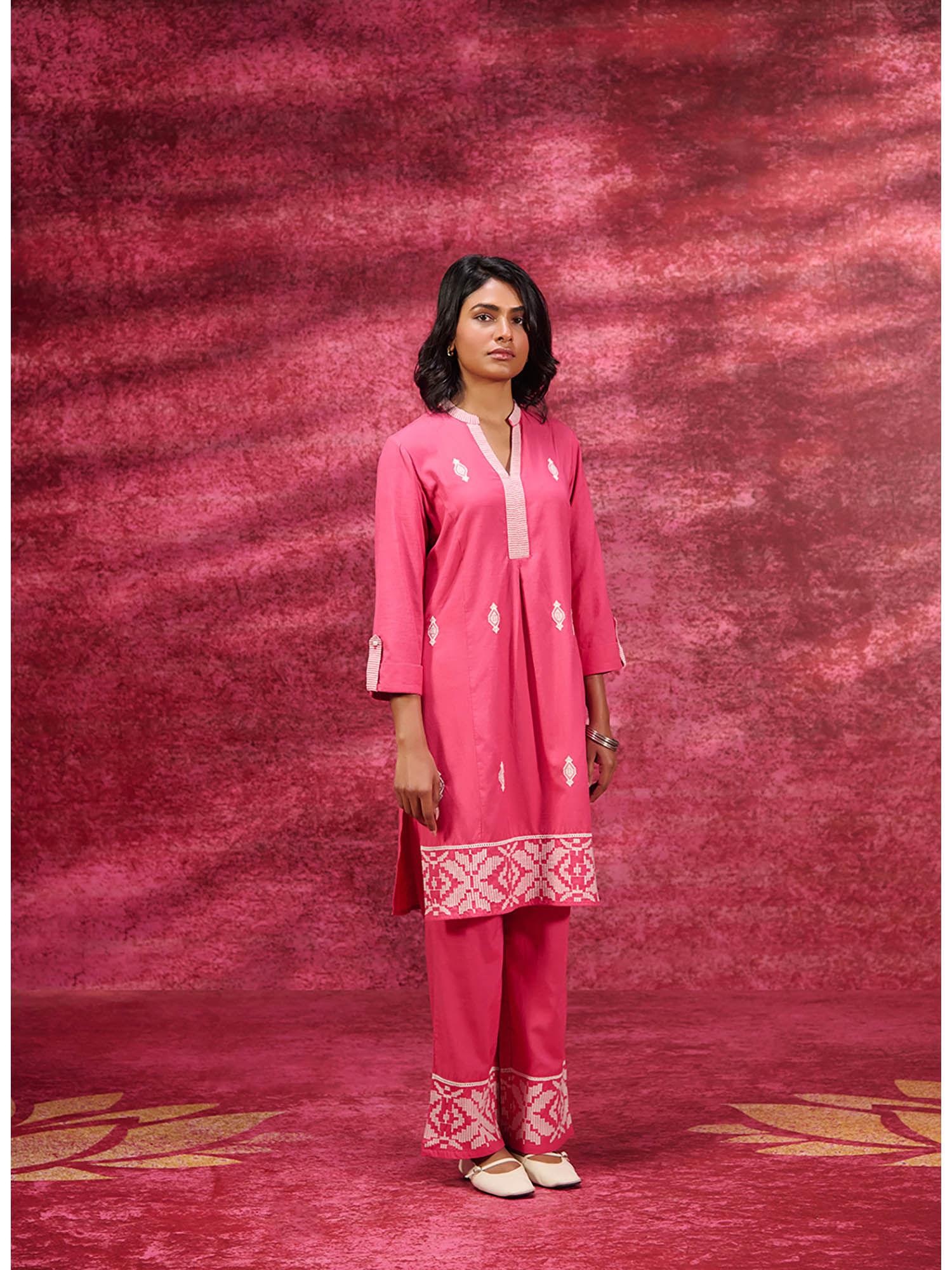 nayaab watermelon pink embroidered cotton kurta with palazzo for women (set of 2)