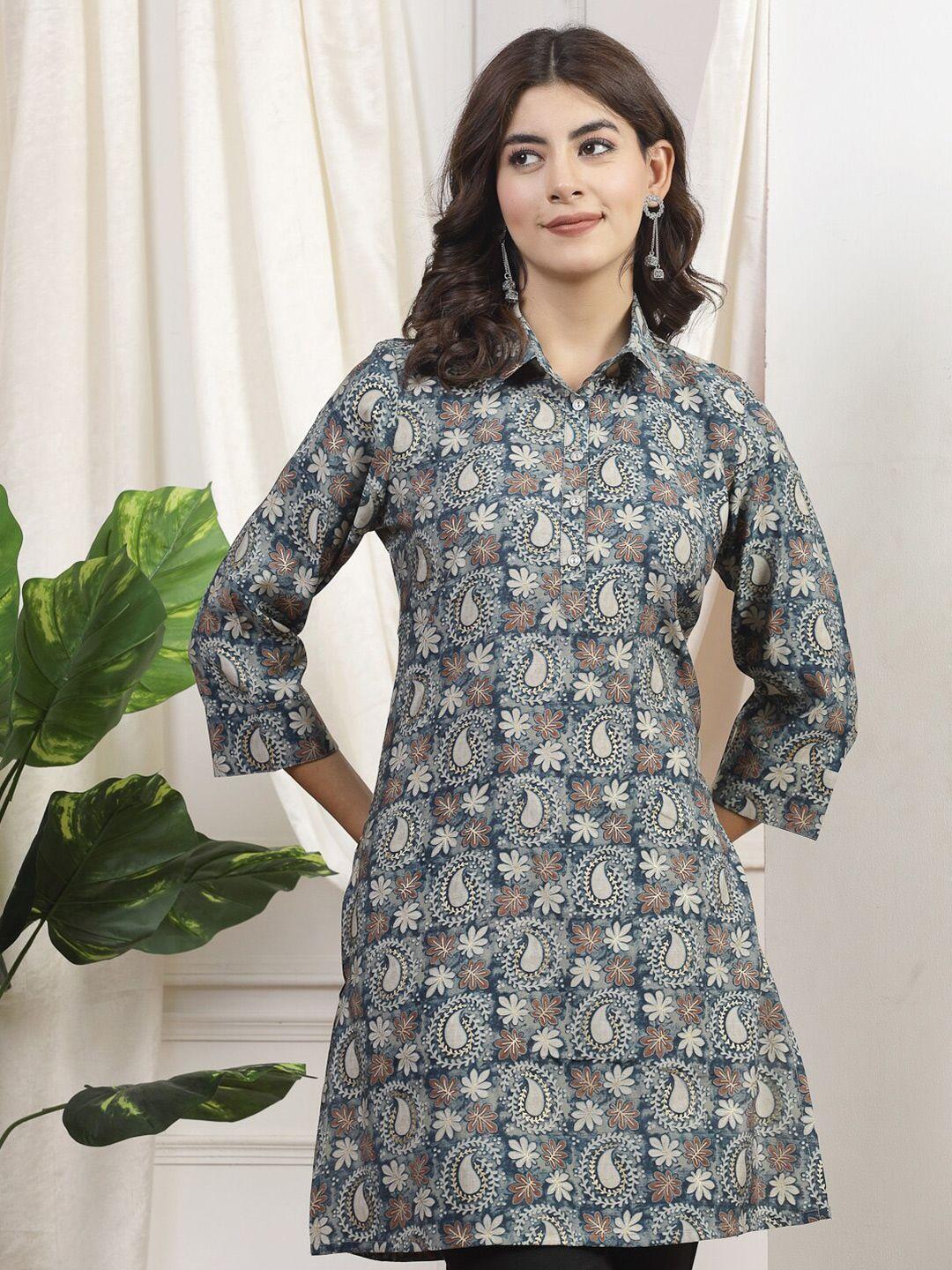 nayam by lakshita floral printed shirt collar chanderi cotton kurti