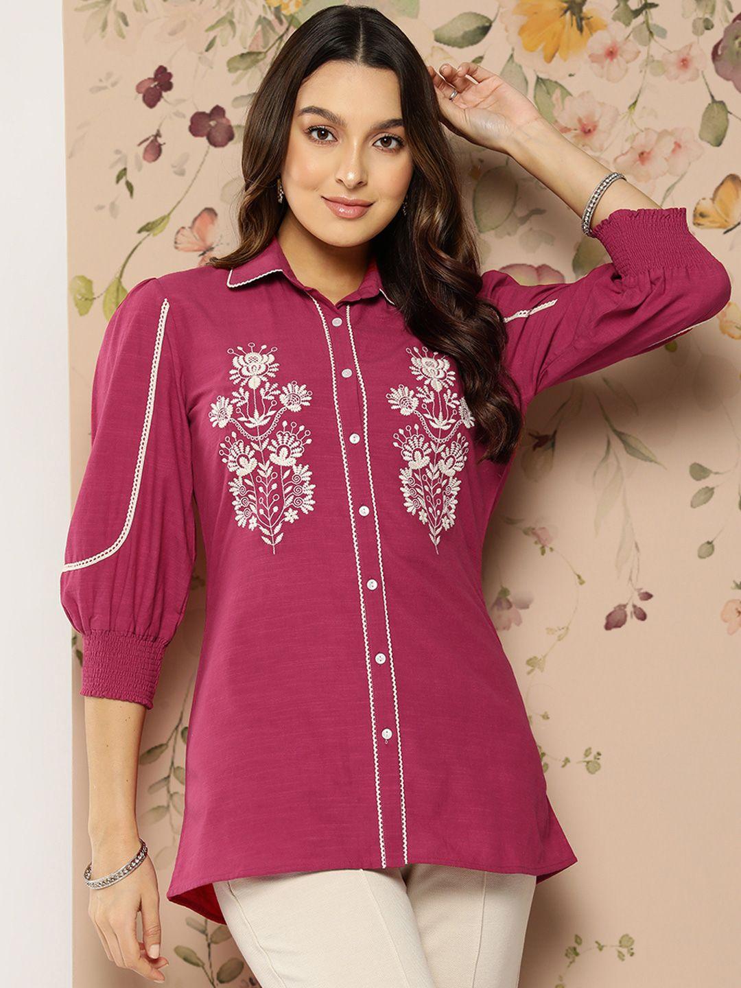nayam by lakshita floral shirt style puff sleeves longline top