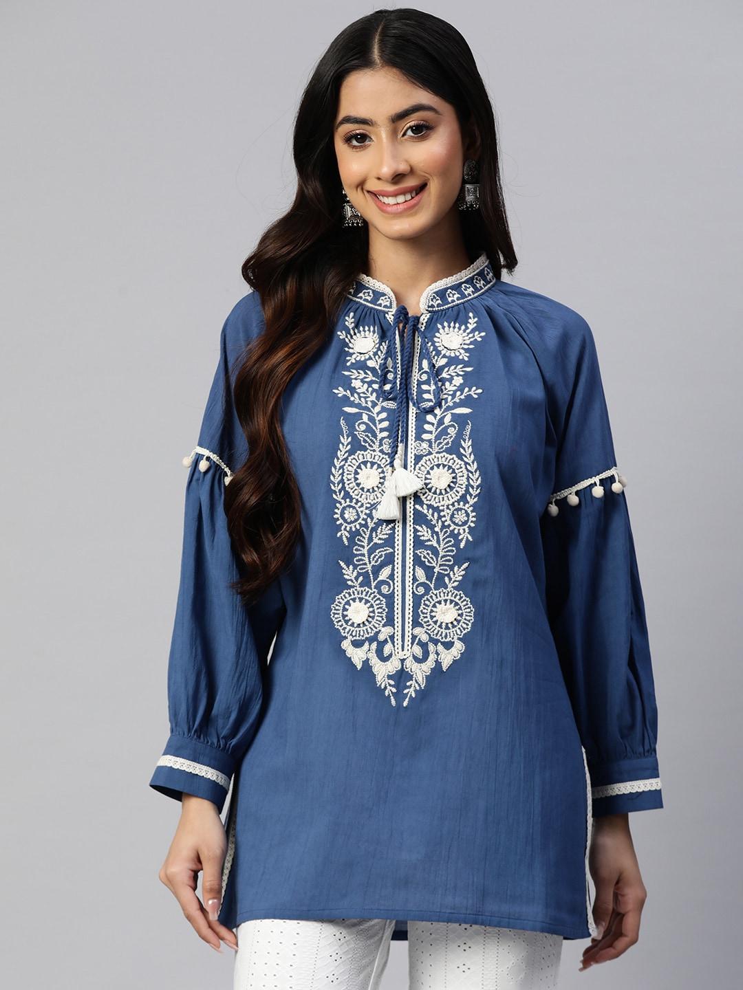 nayam by lakshita mandarin collar puff sleeves embroidered tunic