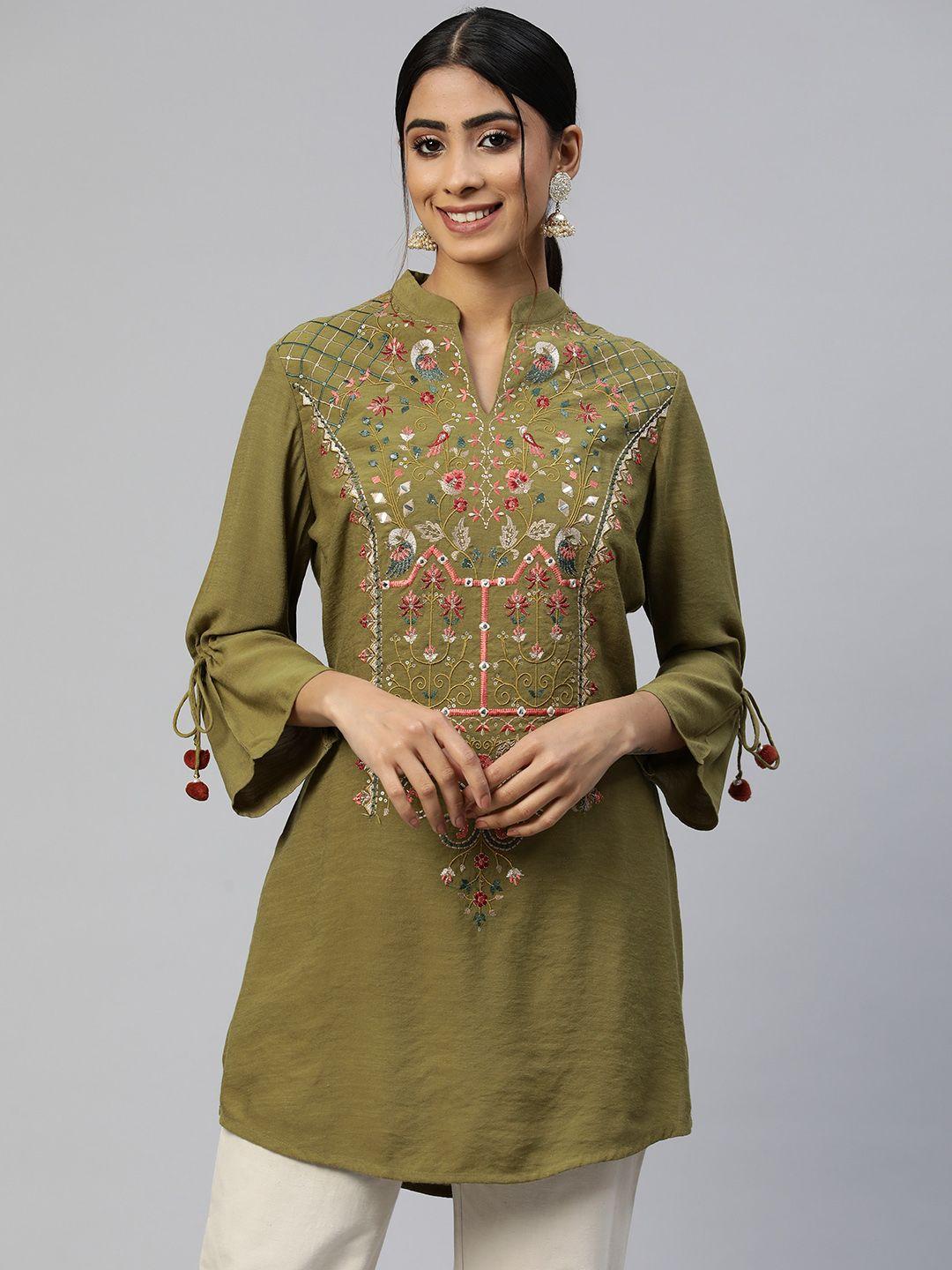 nayam by lakshita olive green viscose rayon mandarin collar embroidered tunic