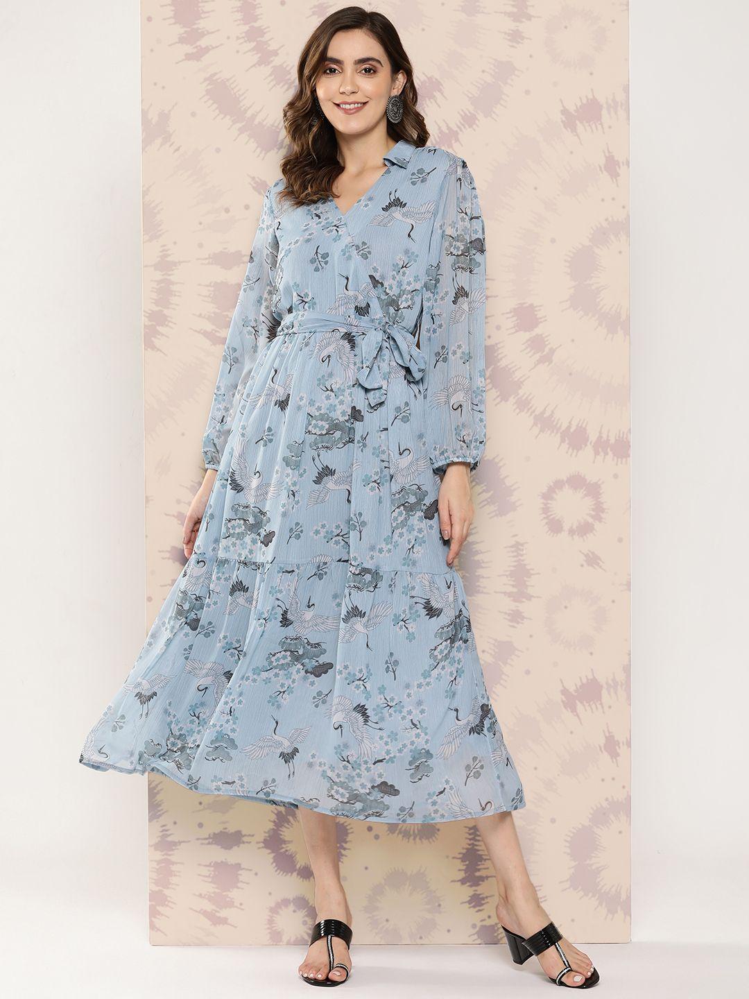 nayam by lakshita conversational printed puff sleeve chiffon a-line midi dress