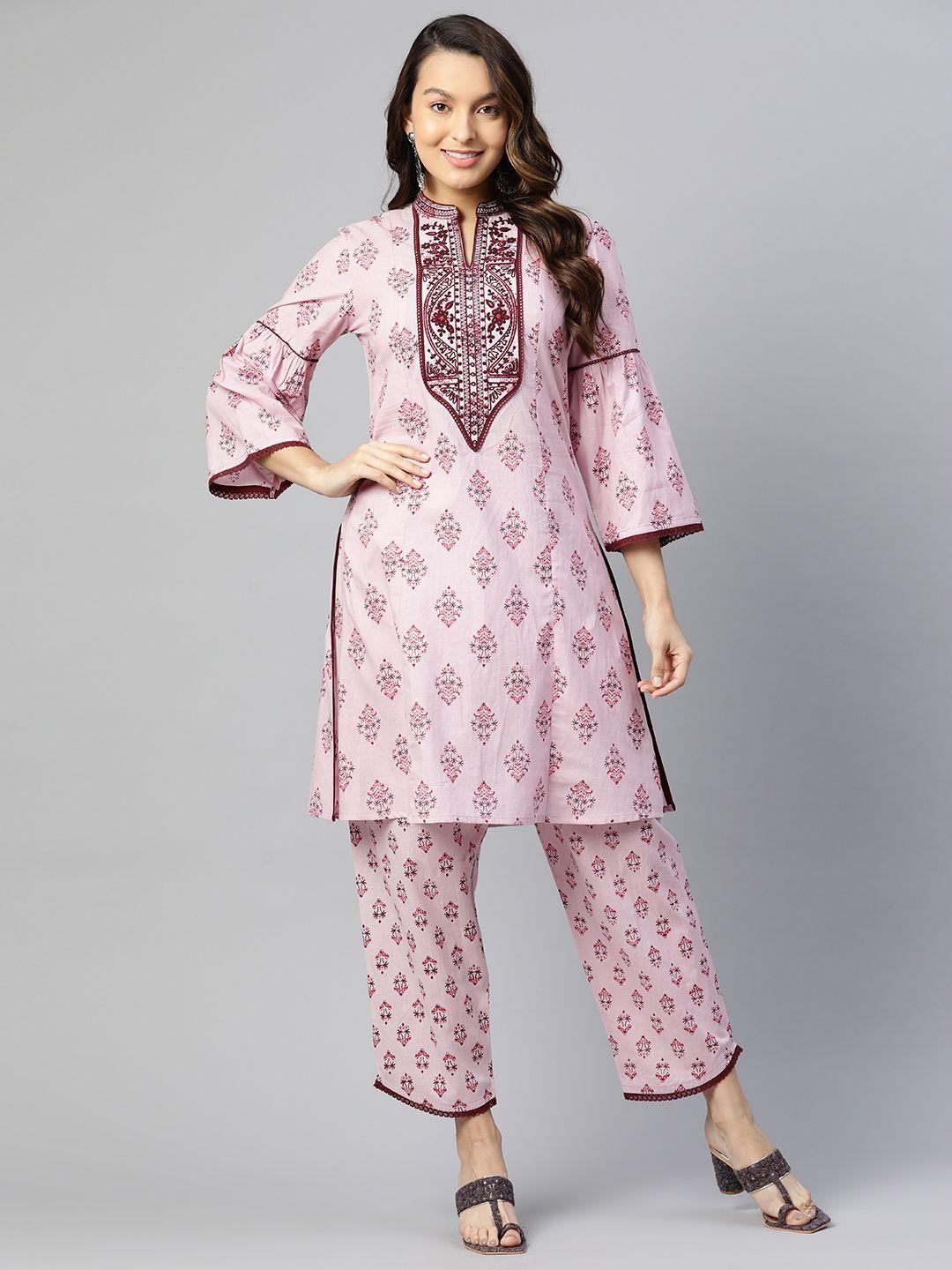 nayam by lakshita embroidered printed pure cotton tunic & palazzos set