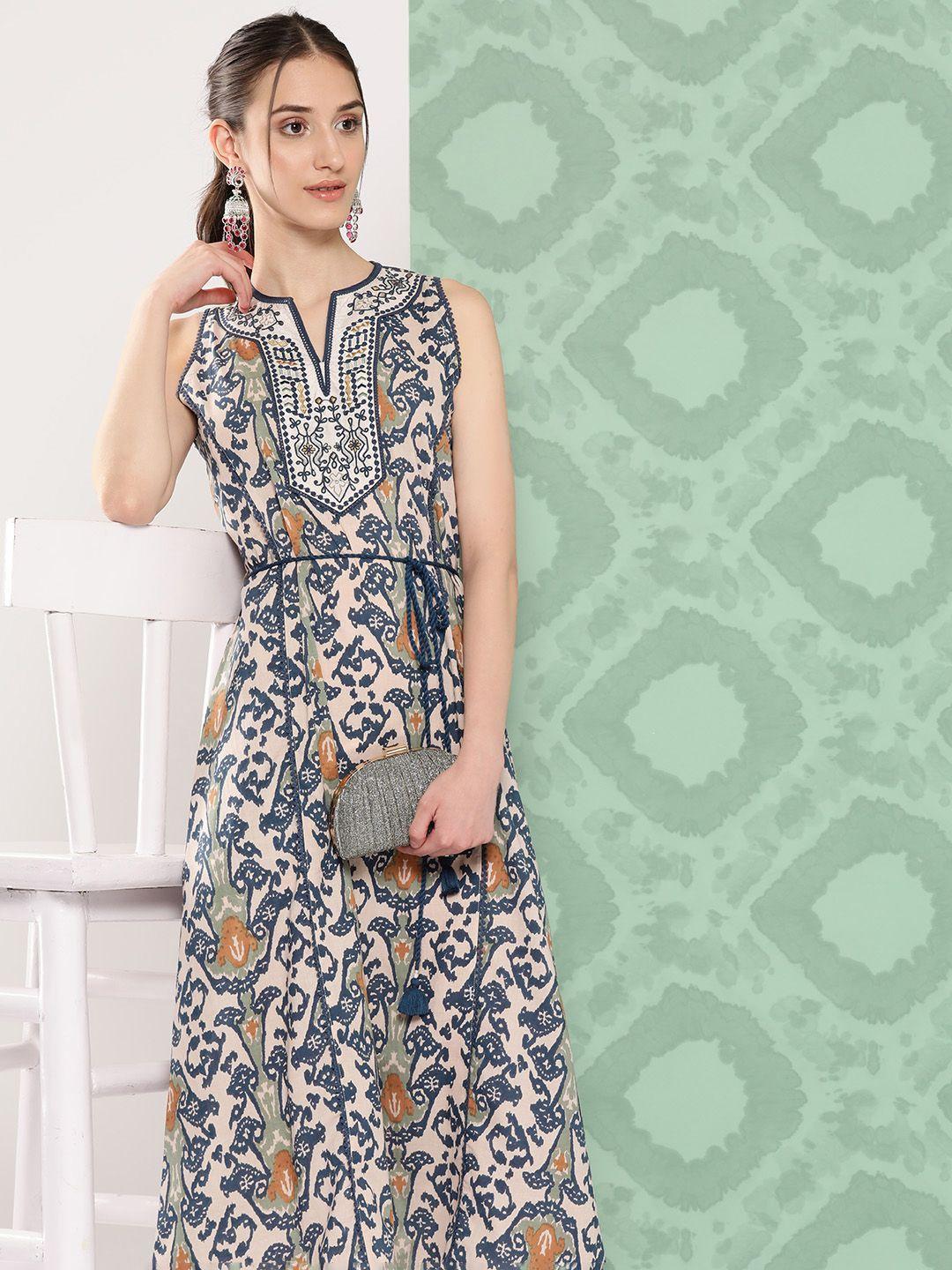 nayam by lakshita ethnic motifs print cotton a-line midi dress