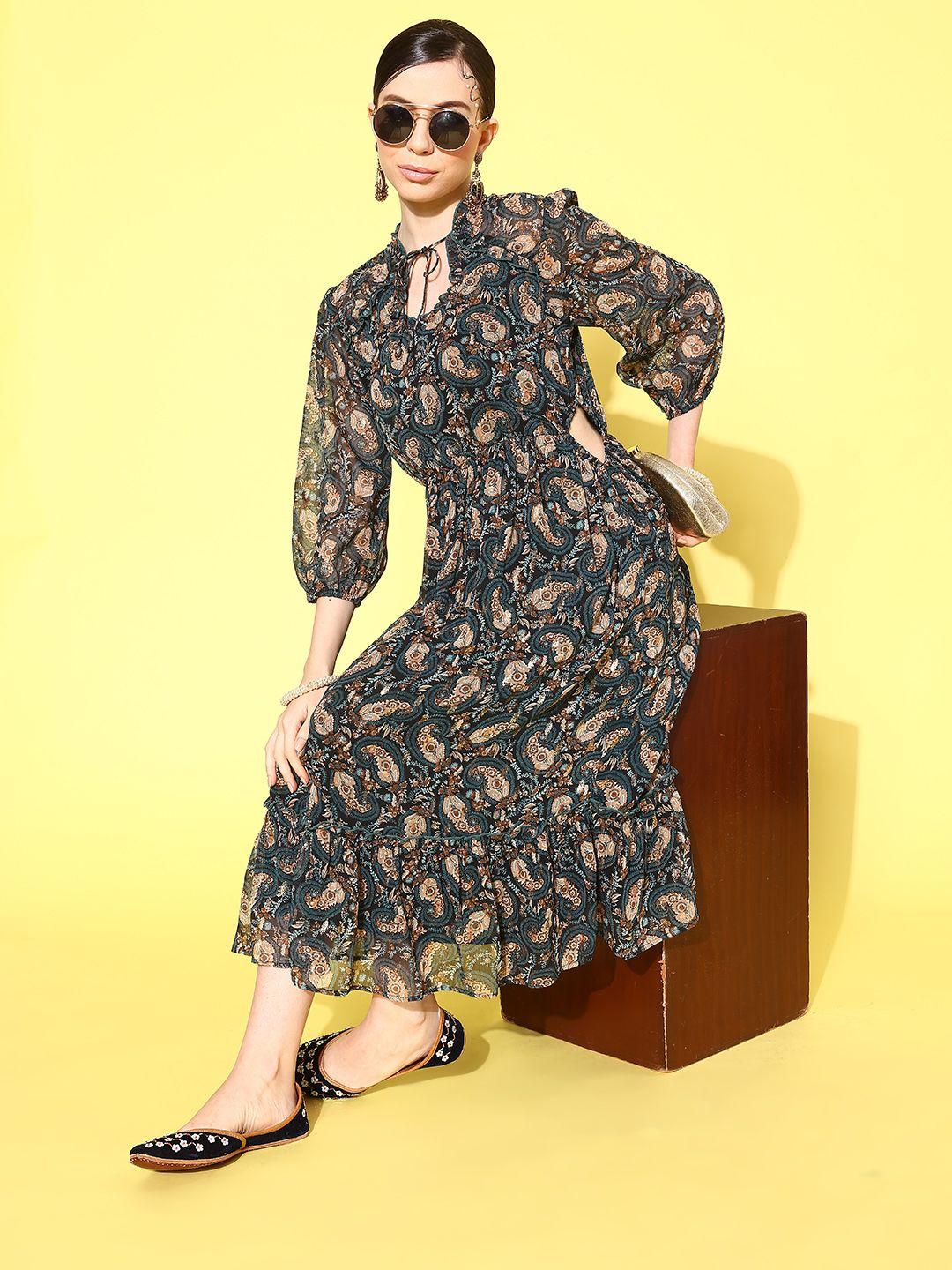 nayam by lakshita ethnic motifs print tie-up neck puff sleeves dress with cut-out detail