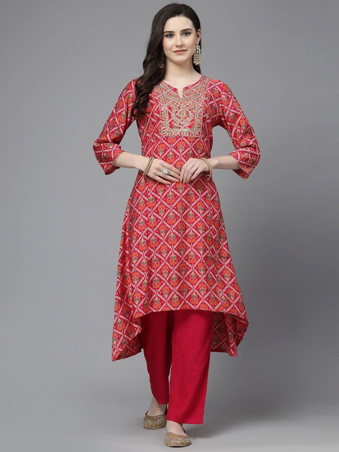 nayam by lakshita ethnic motifs printed sequinned chanderi cotton a-line kurta set