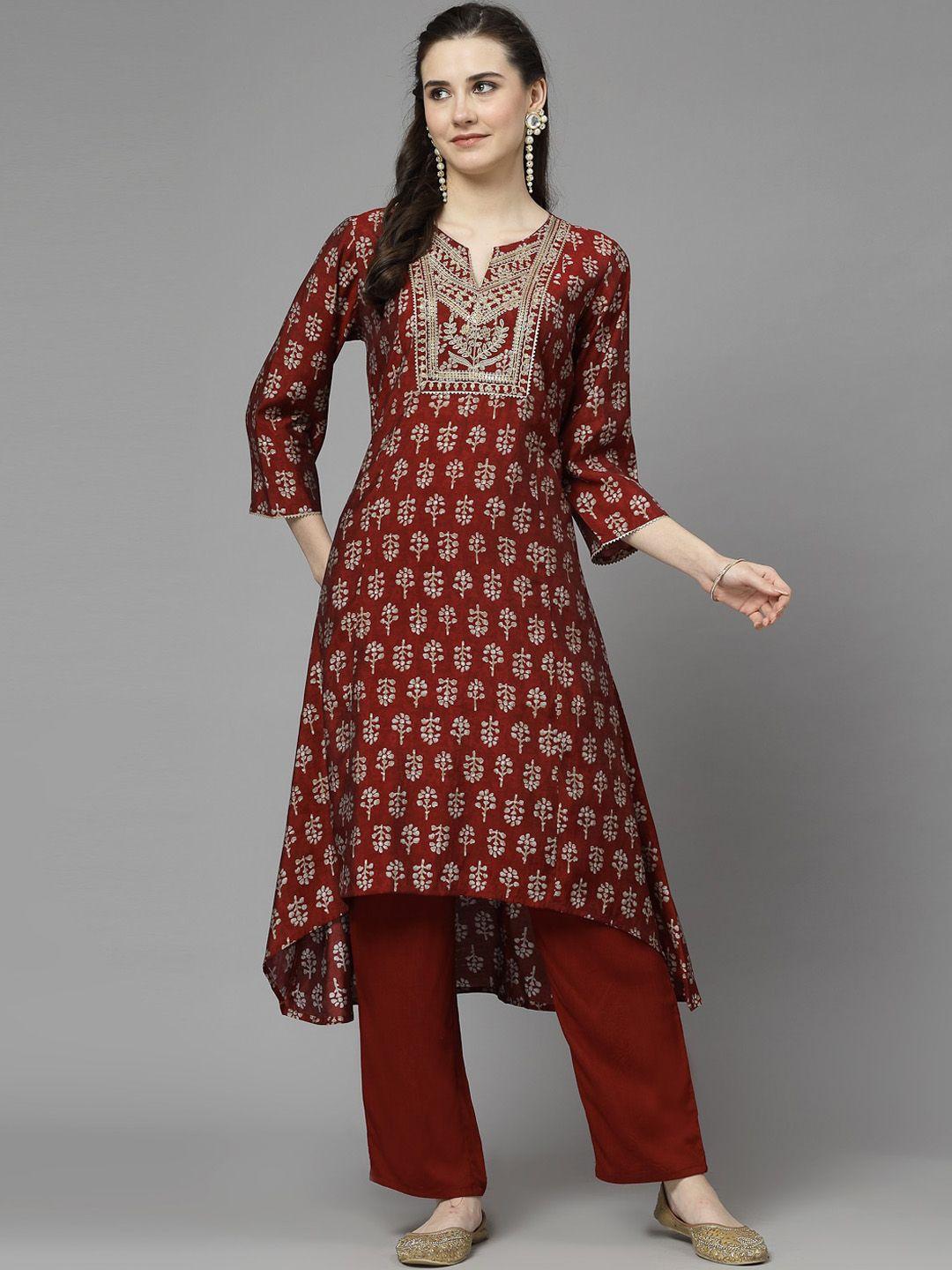 nayam by lakshita ethnic motifs printed sequinned chanderi cotton a-line kurta set