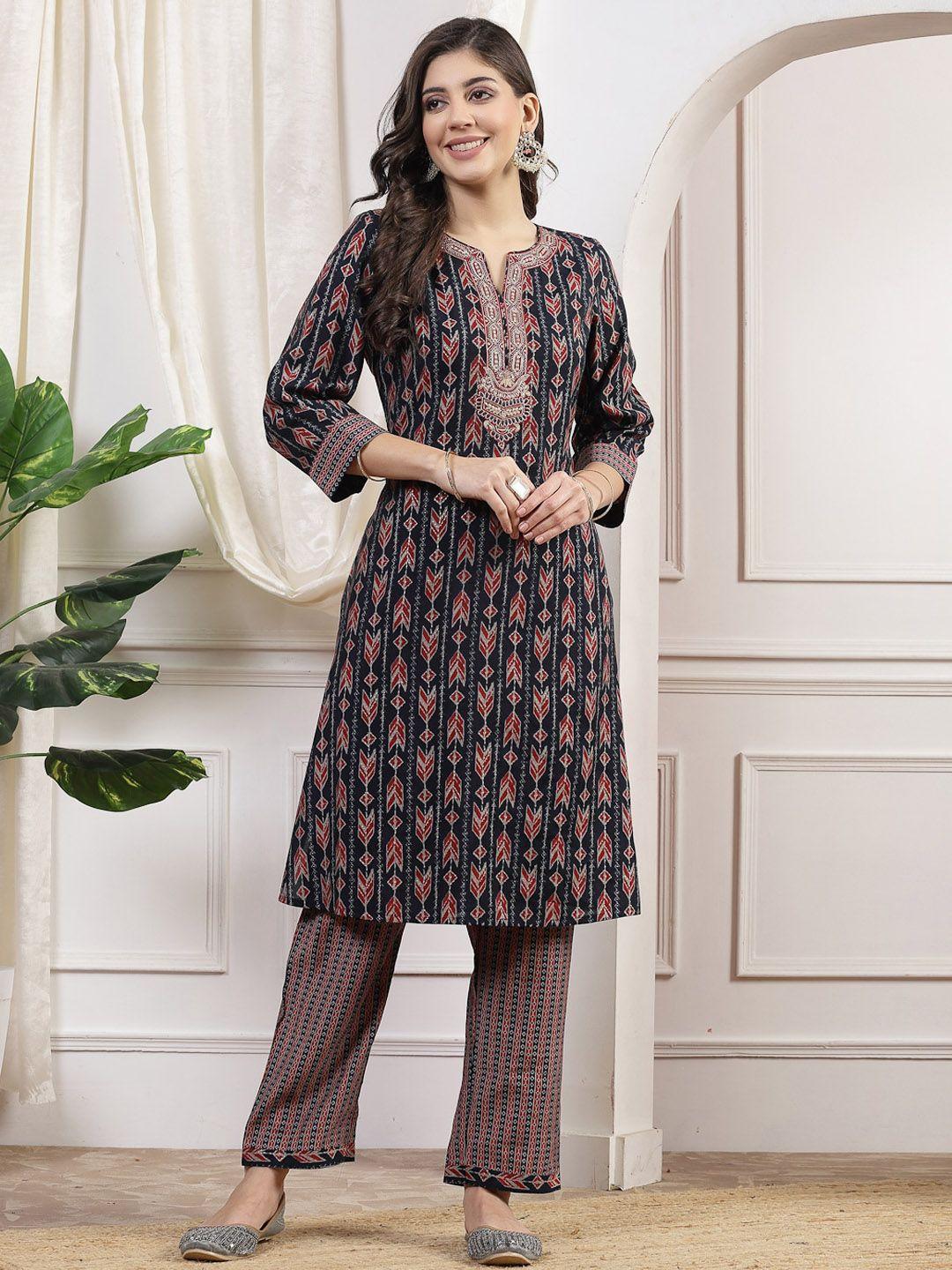 nayam by lakshita ethnic motifs printed thread work chanderi cotton kurta with palazzos