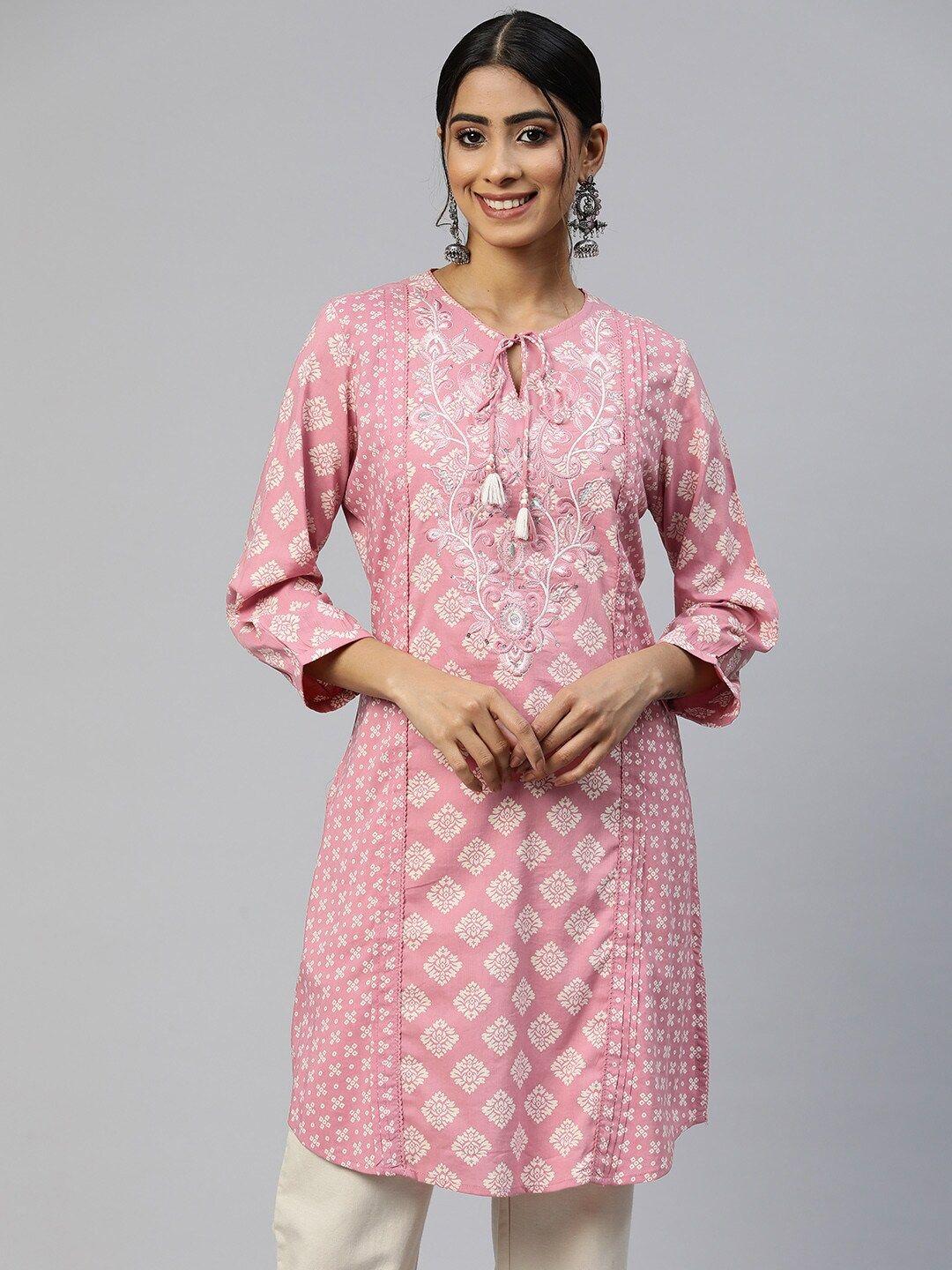 nayam by lakshita ethnic motifs printed thread work tie-up neck straight kurta